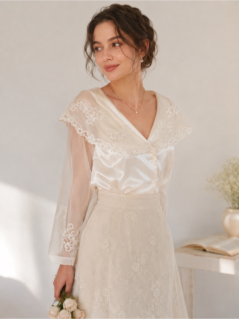 Vintage Sonya Ratay Ivory and Lace Blouse Size 12